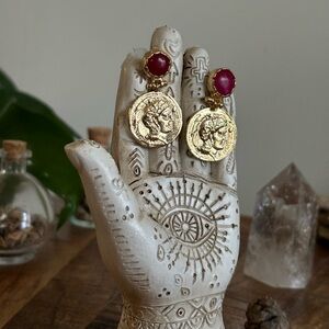 Gold Coin Drop Earrings with Red Natural Gem Stone Accents